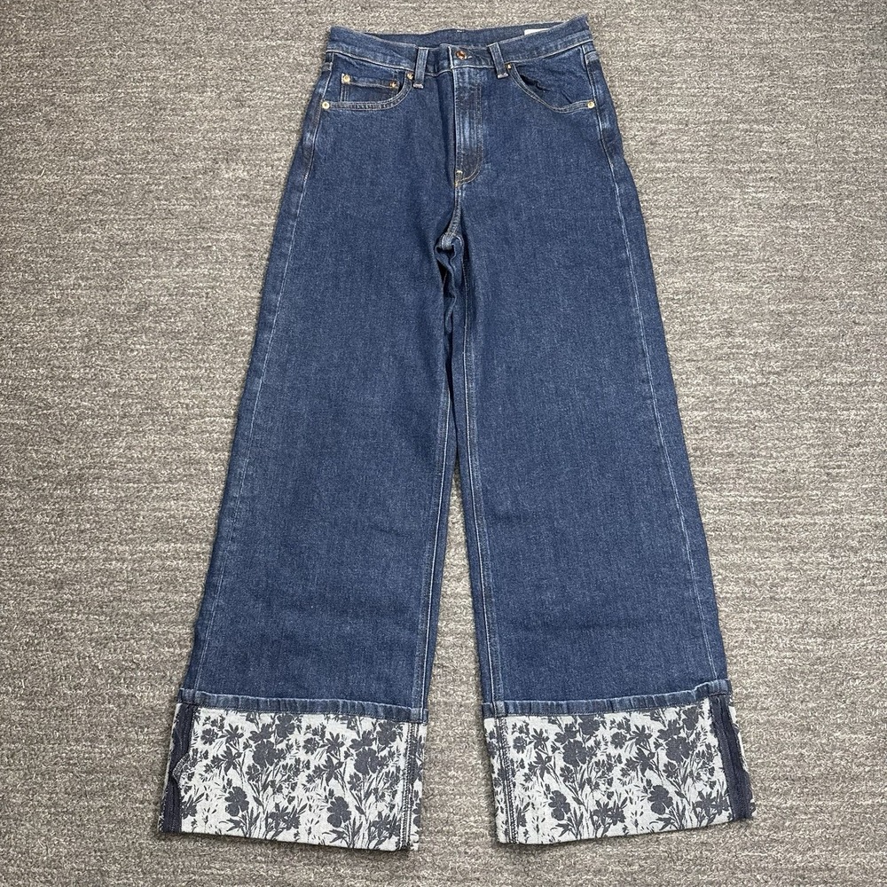 Gap High Rise Stride Jeans Women 6 Blue Floral Wide Leg Cuff Denim Dark Wash
